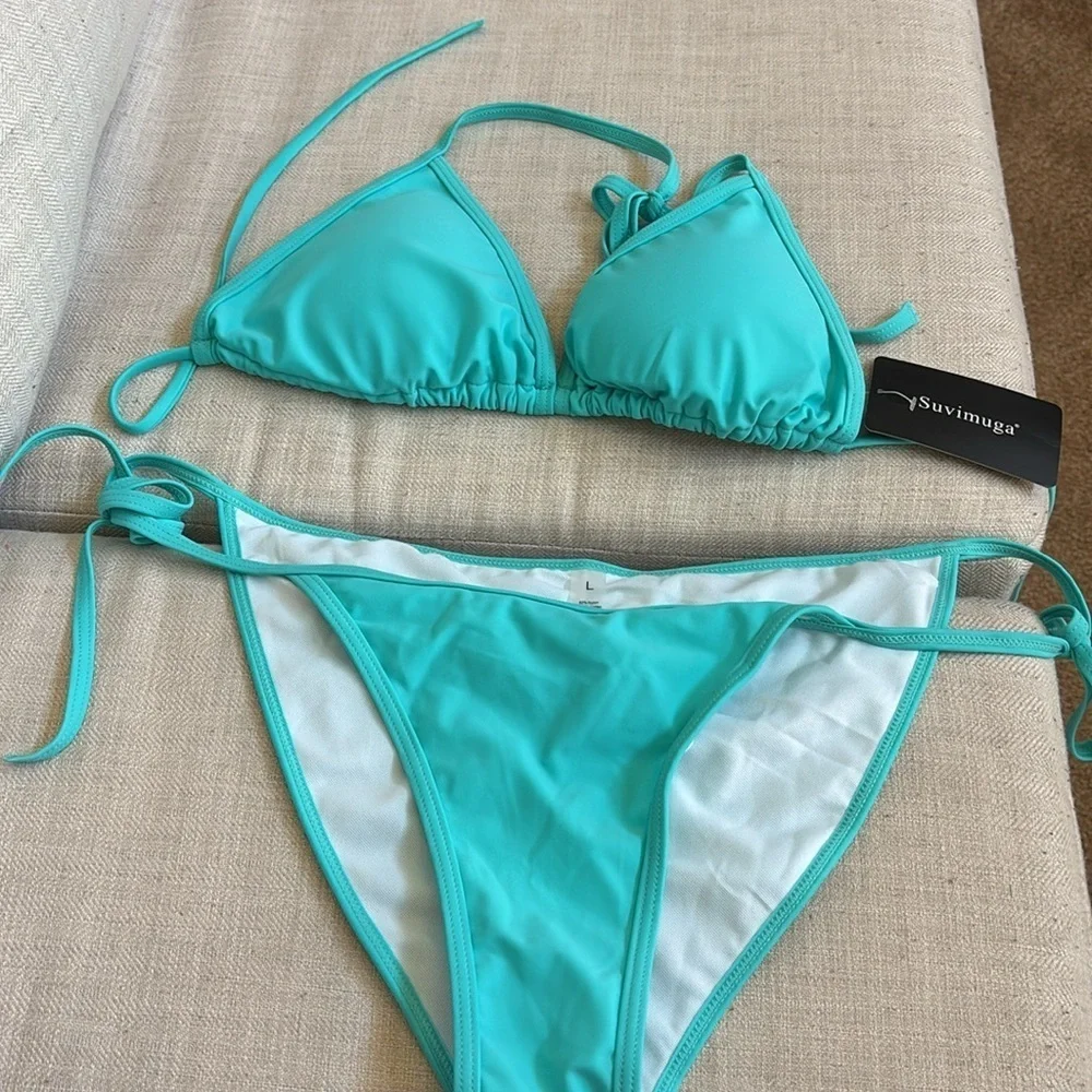 Women Two Piece Swimsuit Sexy Halter String Triangle Bikini Sets Lake Green LG